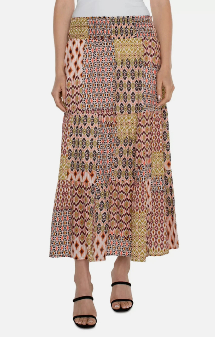 LIVERPOOL WOMENS SIZE XLARGE TIERED WOVEN MAXI SKIRT GEO PRINT PINK GREEN NEW